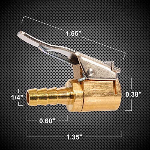 Toolwiz 2pcs Lock Inflate Locking Air Chuck with Clip, 1/4 Inch Brass Portable Lock on Tire Inflator Chuck Hose Adapter Tire Chucks Air Compressor Hose End with Barb Connector for Hose Repair