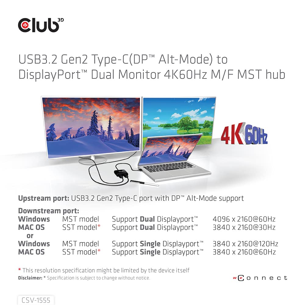 Club 3D CSV-1555 USB3.2 Gen2 Type-C(DP Alt-Mode) to DisplayPort Dual Monitor 4K60Hz M/F MST hub