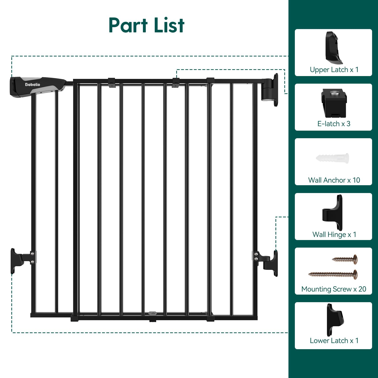 Babelio 26-43" No Bottom Bar Baby Gate for Babies, Elders and Pets, 2-in-1 Hardware Mount Dog Gate for The House, Stairs and Doorways, Safety Pet Gates with Large Walk Thru Door, Iron Black