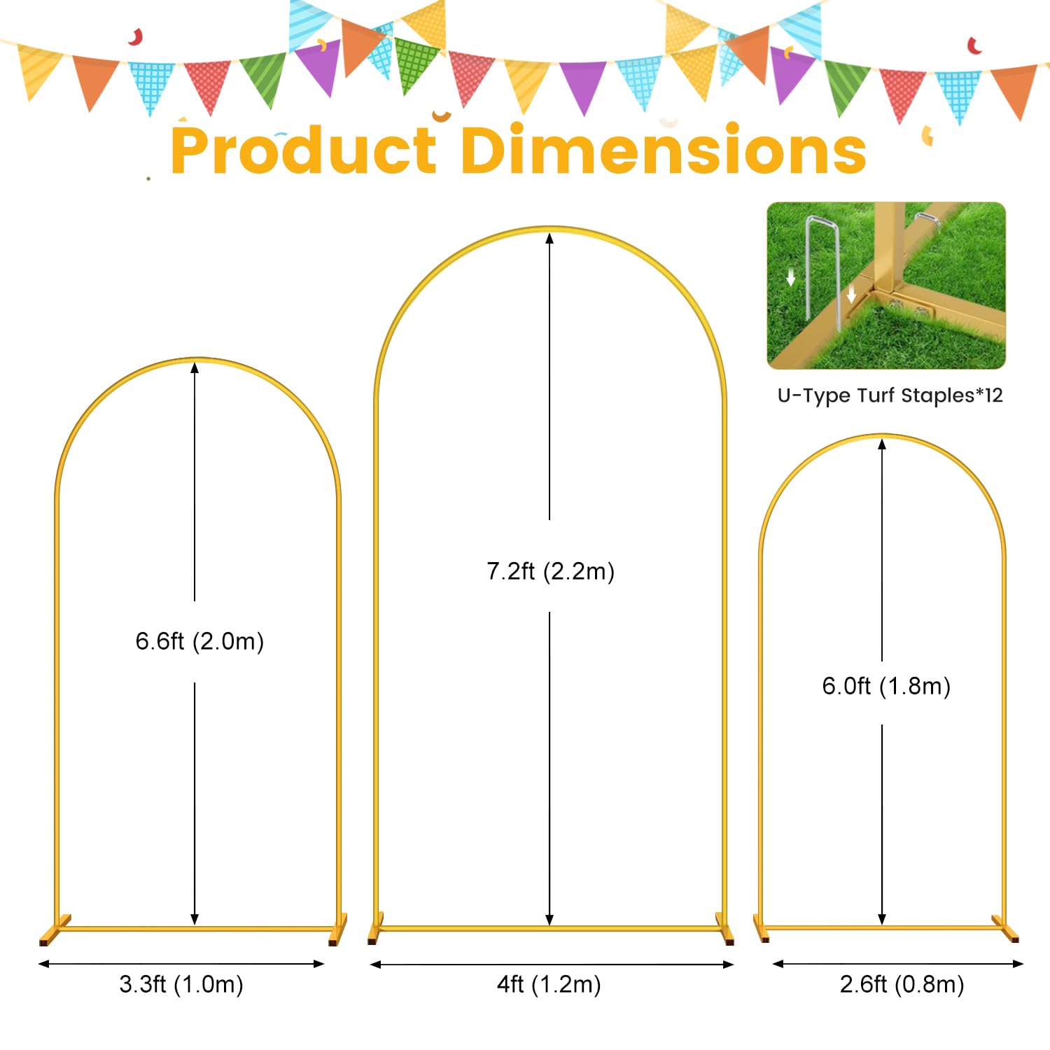 WEKASTON Metal Arch Backdrop Stand Wedding Arch Backdrop Frame Set of 3 (7.2FT, 6.6FT, 6FT) Gold Arch Stand Garden Floral Decoration Backdrop Stand for Wedding Ceremony Birthday Party Baby Shower