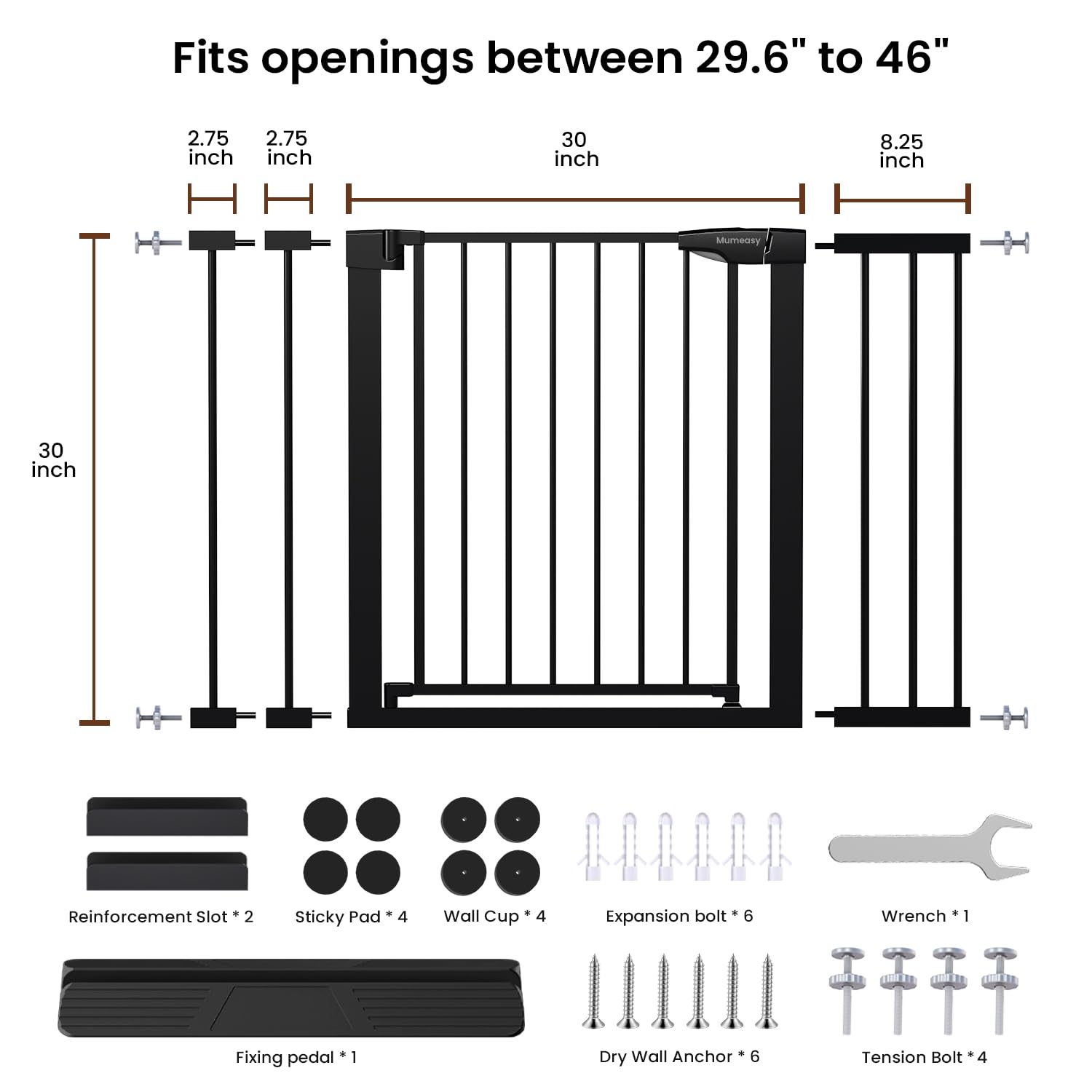 Mumeasy Baby Gate for Stairs - 29.6-46" Auto Close Dog Gate for Doorways, Extra Wide Child Gate Indoor, Walking Through Safety Gate for Kid, Pet Gates No Drilling Black, Mom's Choice Awards Winner