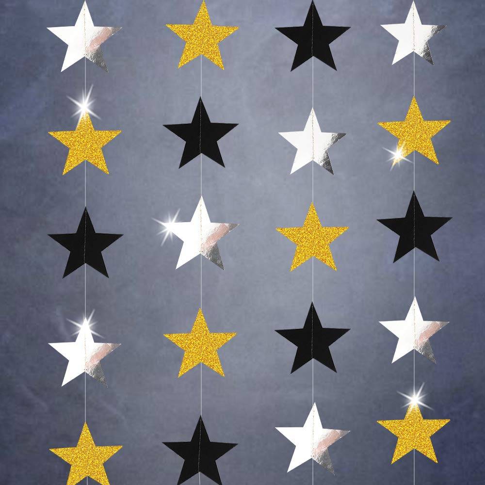 Decor365 Gold Black Star Garland Hanging Star Party DecorationsTwinkle Little Star Starry Night Galaxy Theme Graduation Birthday Bridal Shower Bachelorette NYE New Year’s Eve Party Backdrop Décor