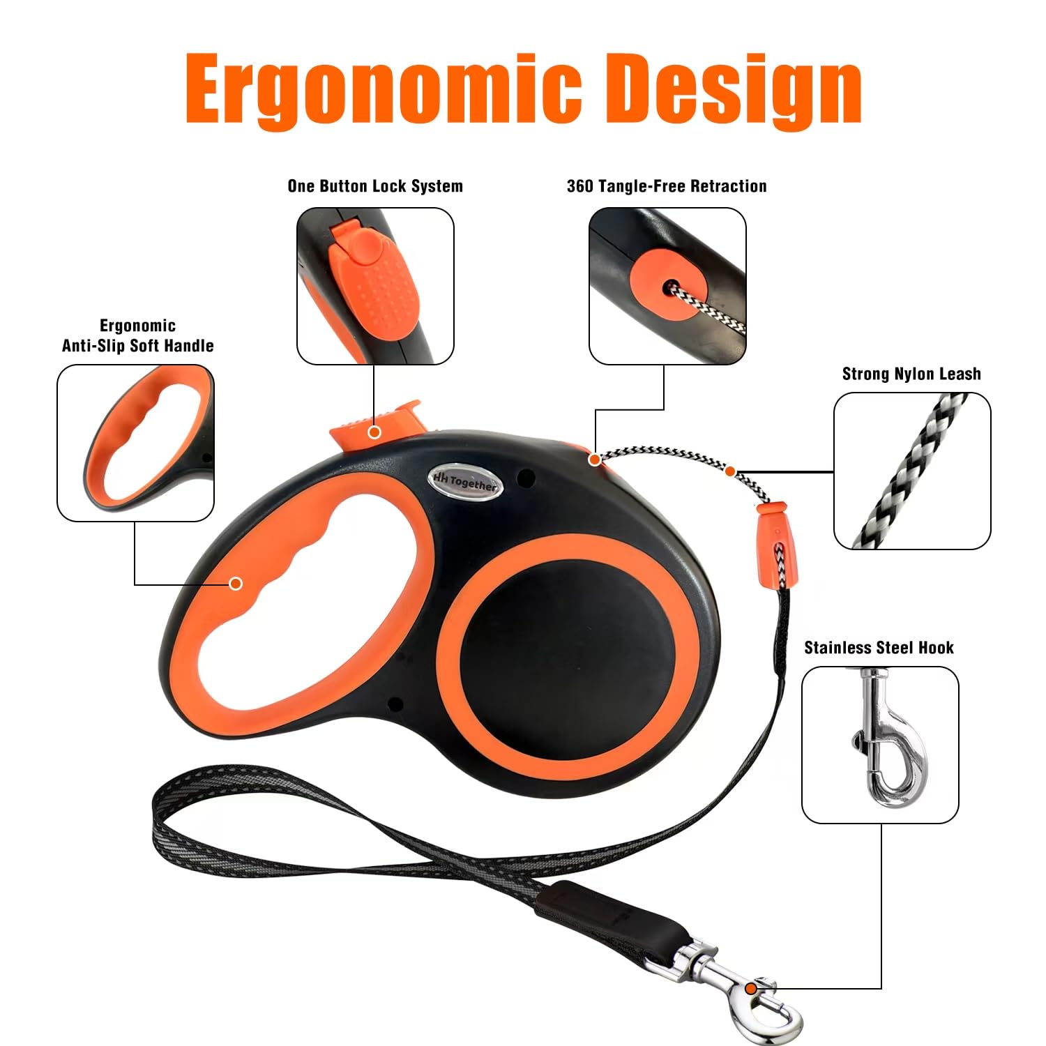 Retractable Dog Leash 30 FT, HH Together 360° Tangle-Free Leash for Medium Large Dogs up to 77 lbs, Heavy Duty, One-Handed Brake, Pause, Lock