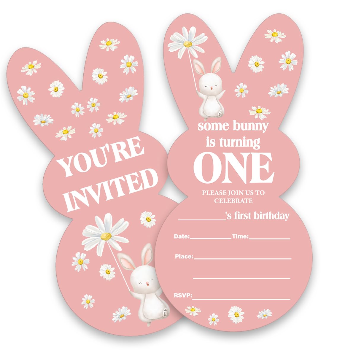 LyoGao Bunny 1st Birthday Party Bunny Shaped Invitations - Some Bunny Is Turning One Boho Daisy Rabbit First Birthday Party Fill in Invites Cards with Envelopes (Set of 20)