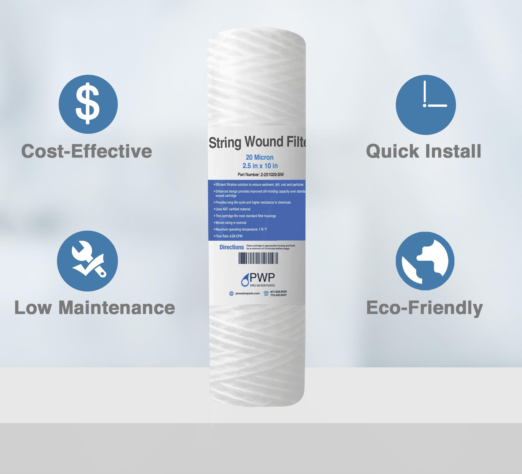 Sediment String Wound Water Filter Cartridge Standard 2.5x10 20 Micron 25 Pack