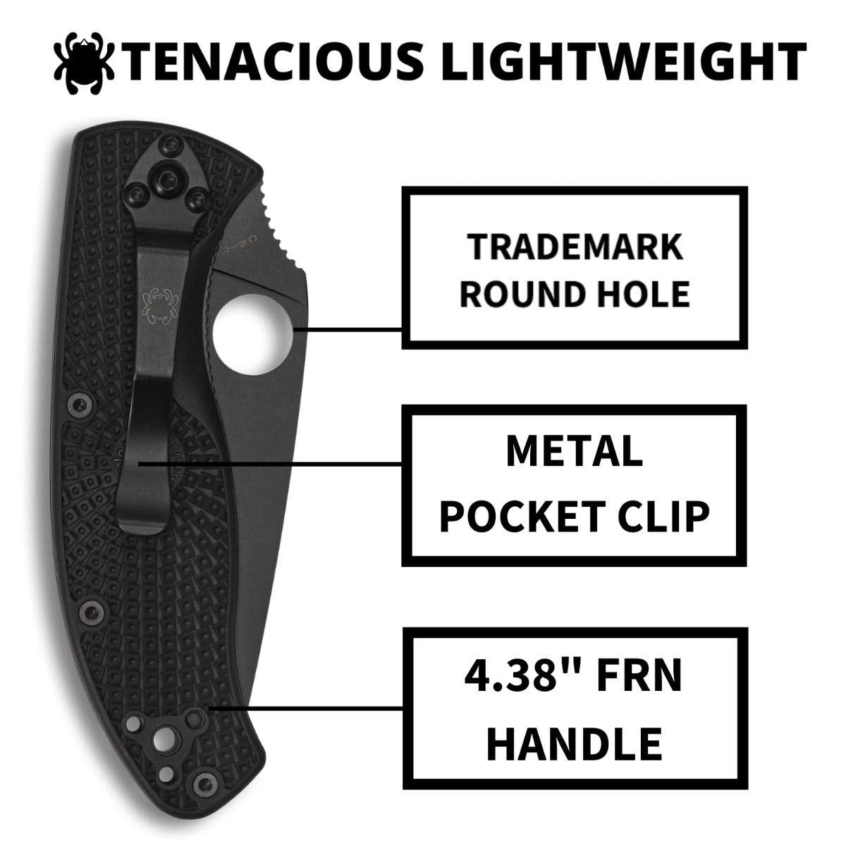 Spyderco Tenacious Lightweight EDC Folding Utility Knife - 3.39" Black Stainless Steel Blade, Black FRN Handle, PlainEdge - C122PBBK