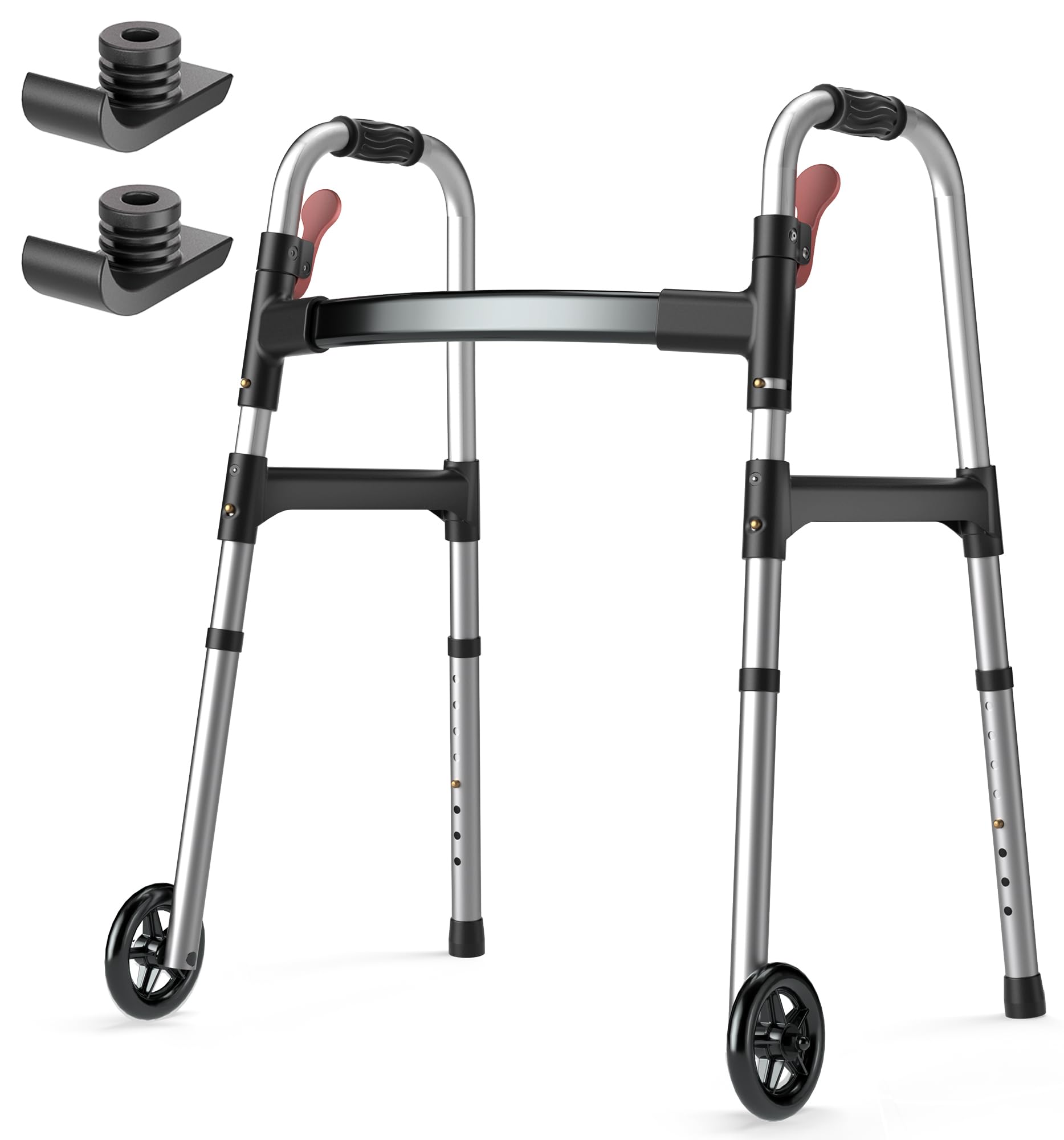 HOMLAND Walkers for Seniors, 2-Button Folding Walkers with Wheels, Lightweight Walker for Seniors Weighing Up to 350 Pounds, Height Adjustable Standard Walker & Ski Glides, Aluminum Frame, Silver