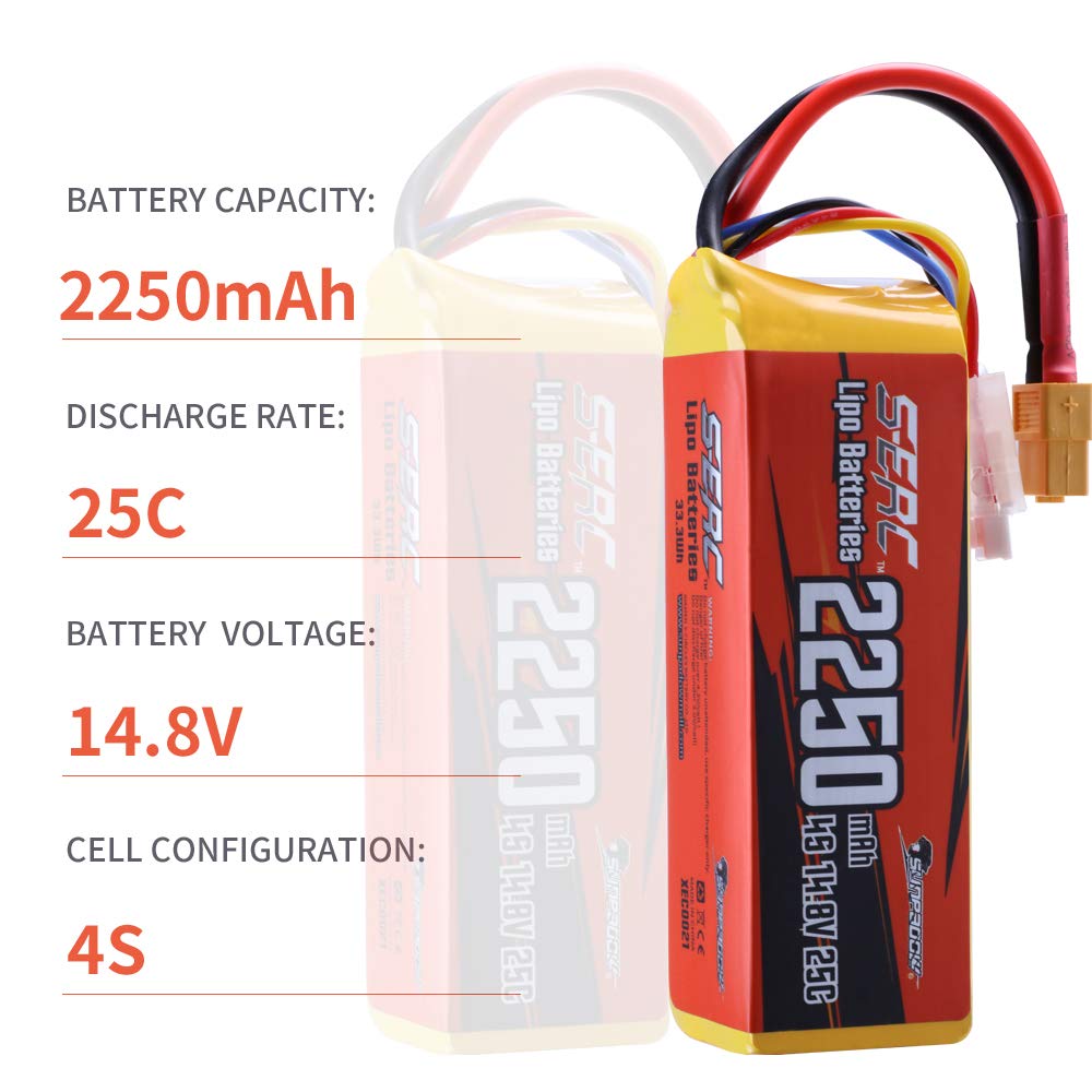 SUNPADOW 14.8V 4S RC Lipo Battery 25C 2250mAh with XT60 Connector Rechargeable for RC Airplane Quadcopter Helicopter Drone FPV Racing Hobby (2 Count)