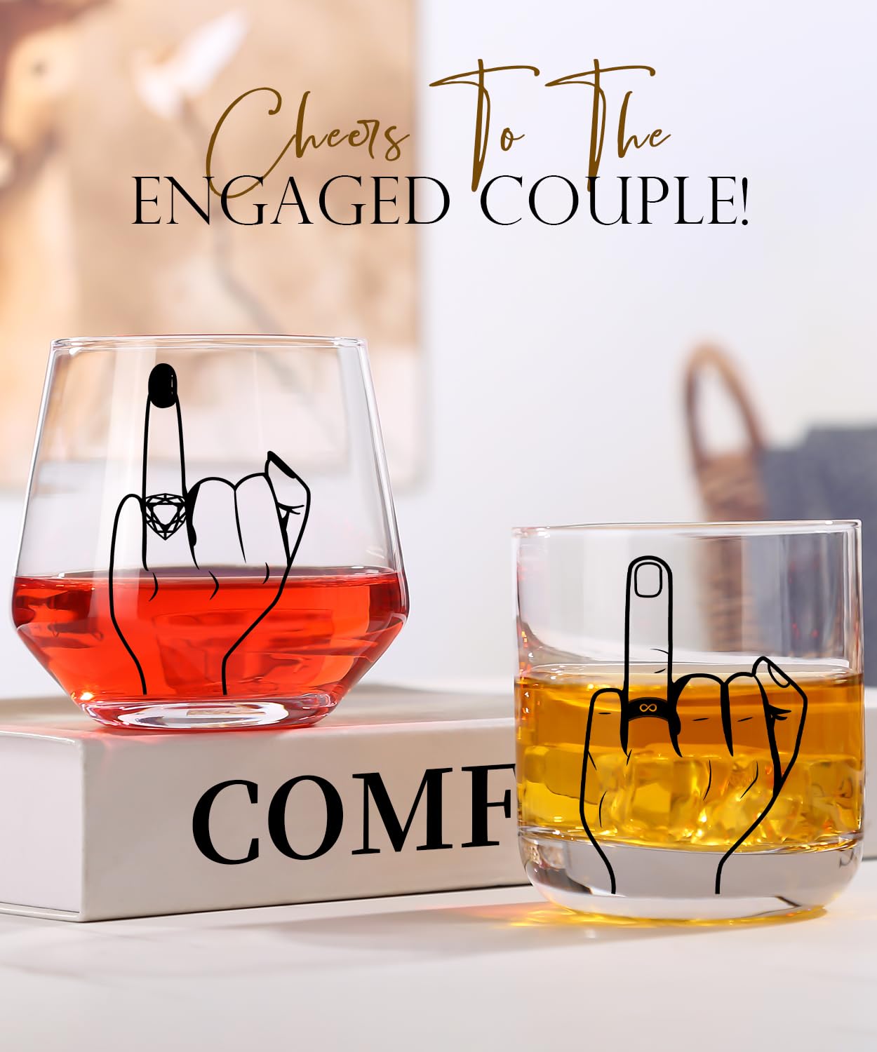 comfit Wedding Gifts for Couples, Ring Finger Wine&Whiskey Glass Set, Funny Engagement Gifts for Couple, Bride and Groom Just Married Gift, Mr and Mrs Newlyweds Bridal Shower Gifts