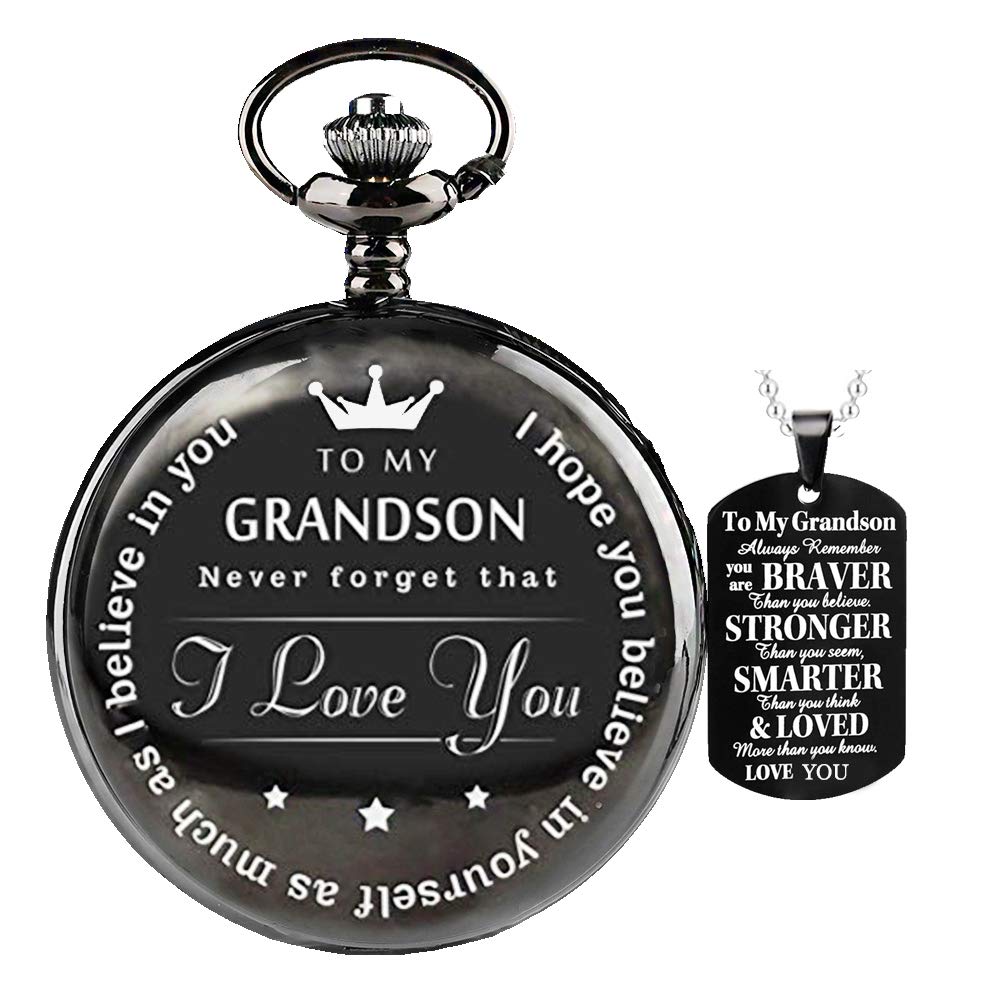 Udaney to My-Grandson-Pocket-Watch-Gifts from Grandpa Grandma Christmas Gifts for Him Birthday for Grandson, Graduation Gifts for Men Engraved Pocket-Watch with Box for Men with Grandson Necklace