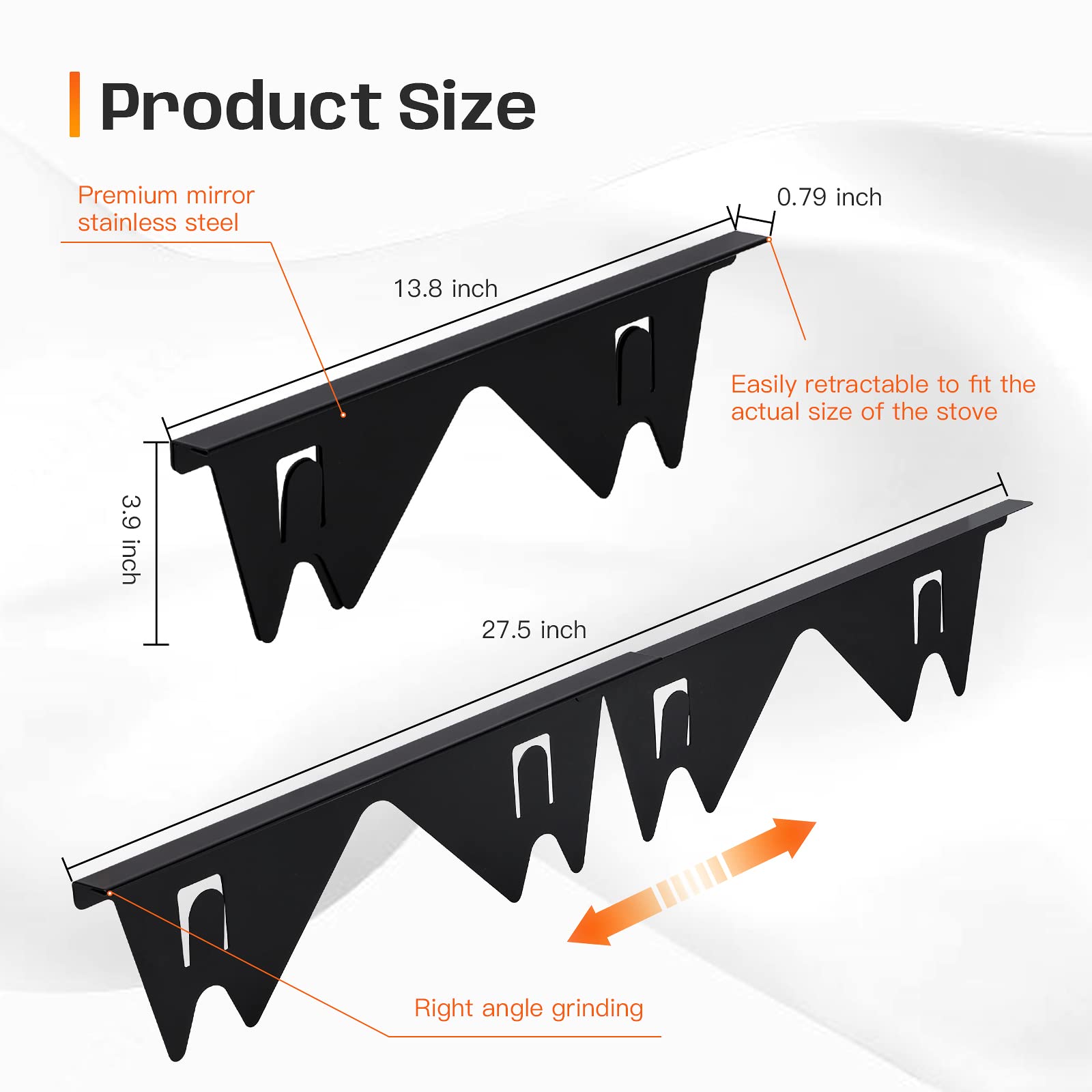 Stainless Steel Stove Gap Covers,Stove Gap Filler, Range Trim Kit, Stove Gap Guards, Heat Resistant and Easy to Clean, Easy retractable Length 13.8" to 27.5", Width 0.79",Black(2PCS)