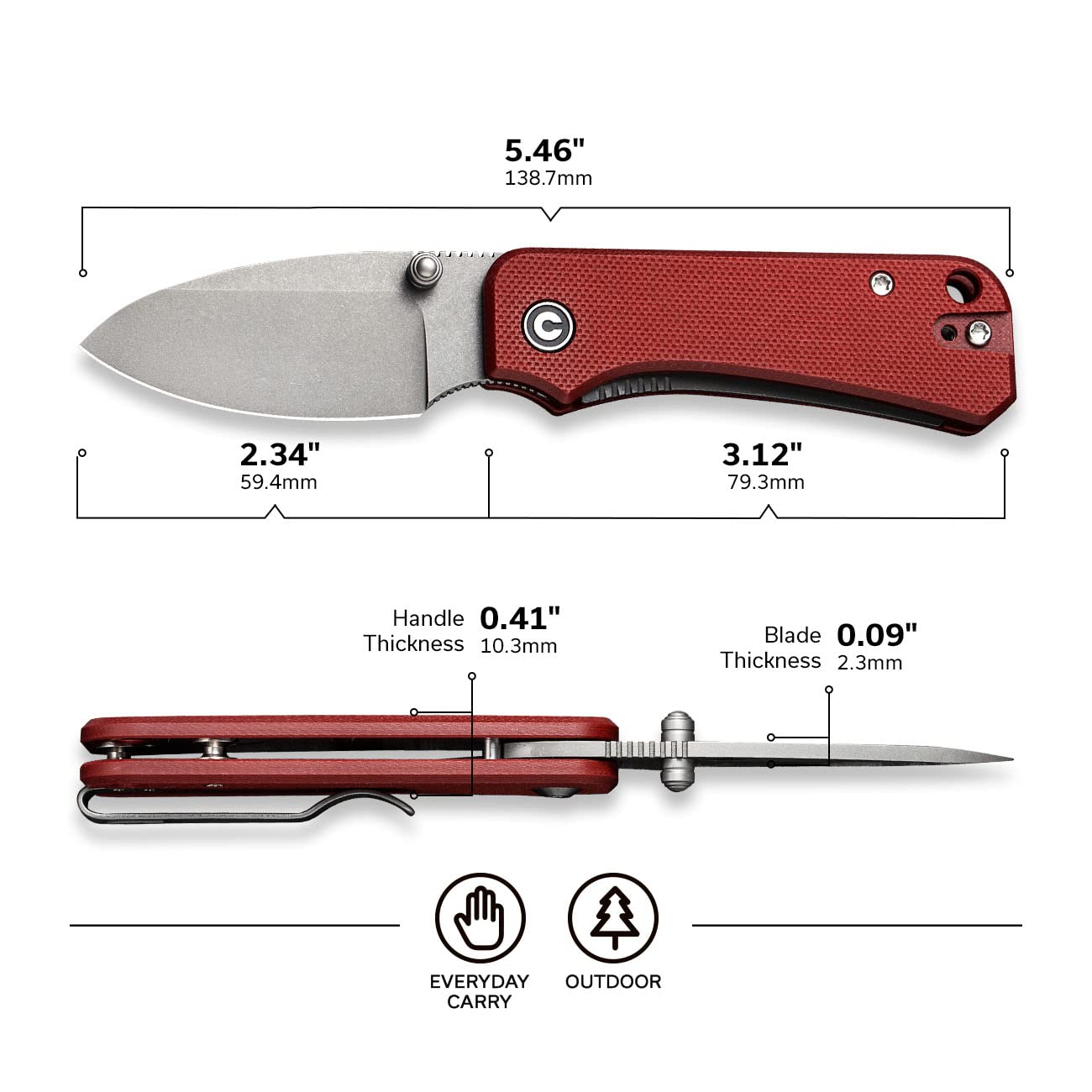 CIVIVI Baby Banter Pocket Folding Knife for EDC, 2.34" Blade Small Knife with Titanium Thumb Stud Opener C19068S-6 (Burgundy)