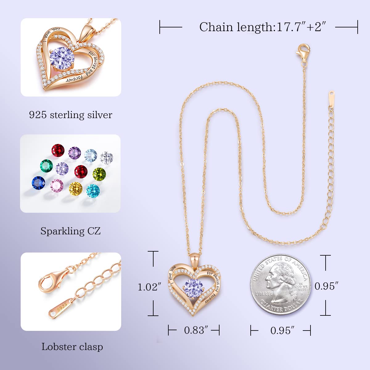 CDE Chrismas Gifts for Women, Forever Love Heart Necklaces for Women, Wedding Anniversary, Birthday Gift for Wife, S925 Silver Jewelry with Birthstone Pendant, Ideal Valentine's Gifts for Her