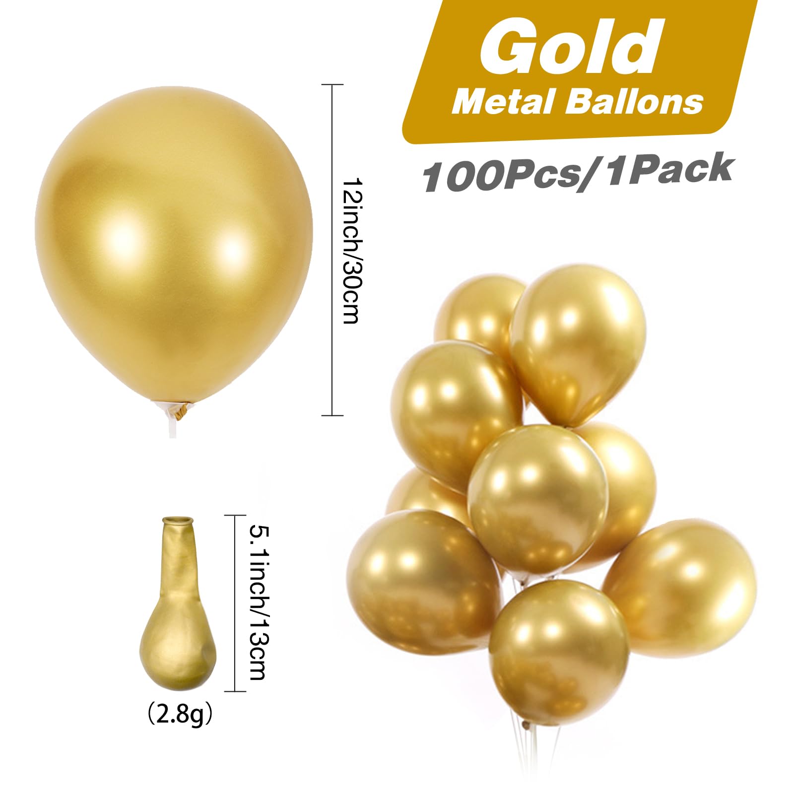 Borcolo100PCS Metallic Chrome Balloons, Birthday Balloons, Shiny Balloons, 12inch(30cm) Birthday Wedding Graduation Anniversary Party Decorations (Golden)