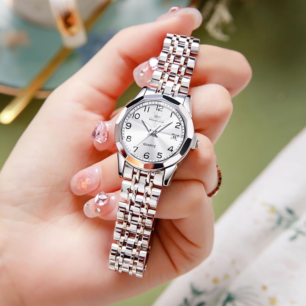 OLEVS Silver Women Watch Fashion Dress Ladies Watch, Two Tone Stainless Steel Strap Analog Quartz Waterproof Female Watch for Women Gift