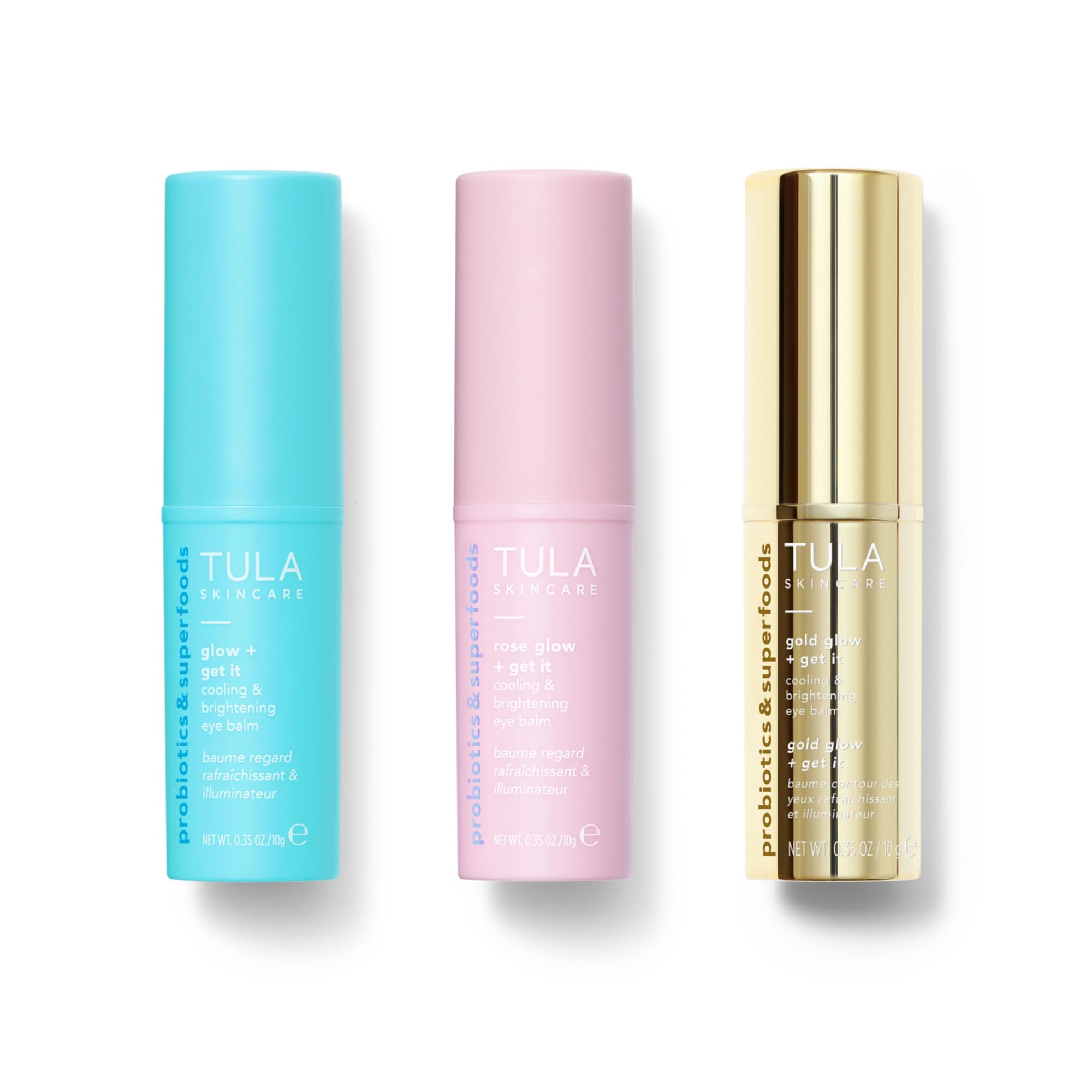 TULA Skincare Frosted with Freshness Eye Balm Trio - Includes Full Sized Glow + Get It, Rose Glow + Get It, and Gold Glow + Get It, Cools & Hydrates, 3-piece set