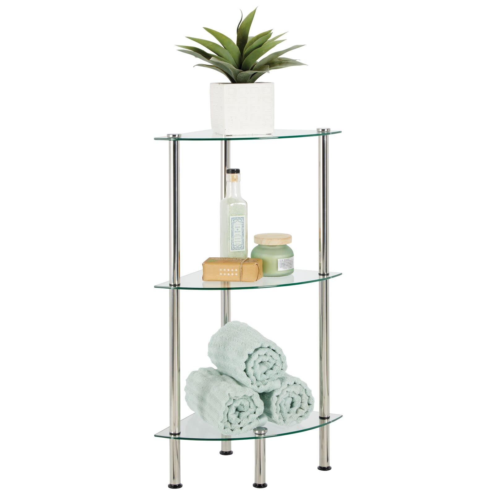 mDesign Modern Glass Corner 3-Tier Storage Organizer Tower Cabinet with Open Shelves - Household Furniture for Bathroom, Office, Bedroom, Living Room - Holds Books, Plants, Candles - Chrome/Clear