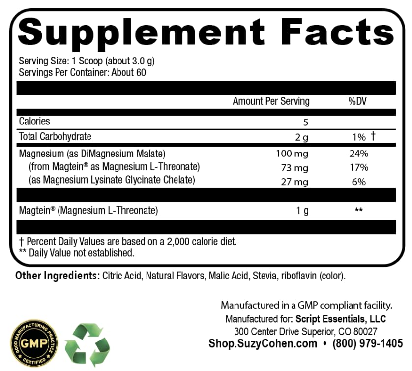 Suzy Cohen MagFocus Magnesium Threonate Powder Dietary Supplement 200mg, Healthy Nerve, Support Cognition, Energy, Bone Health, Stevia, Lemon Flavor, 60 Servings