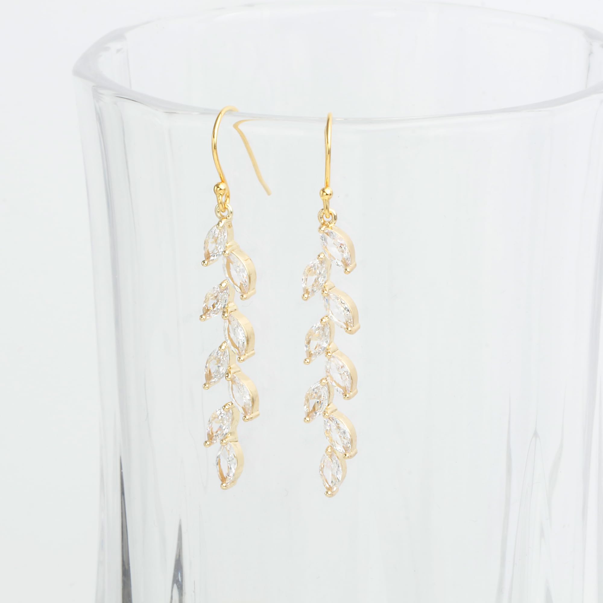 Handmade 14K Gold Plated Leaf Dangling Earrings Crystal Wedding Dangle Earrings for Brides Bridesmaid Gift