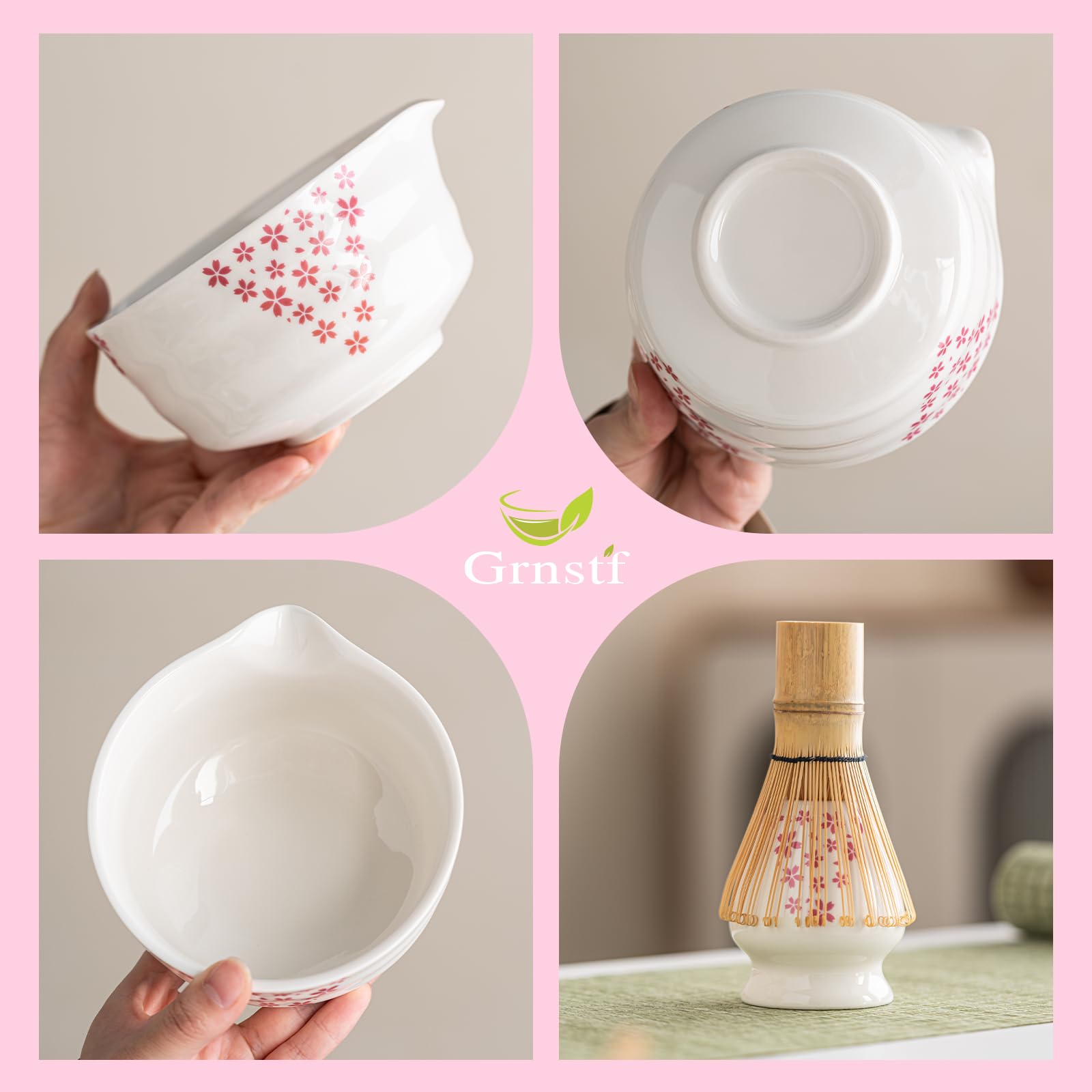 Grnstf Matcha Set 8-Piece Japanese Tea Ceremony Kit with Ceramic Bowl, Bamboo Whisk & Holder, 2 Scoops, Strainer, Tea Cloth - Complete Gift Set for Traditional Brewing(Pink-Floral Print)