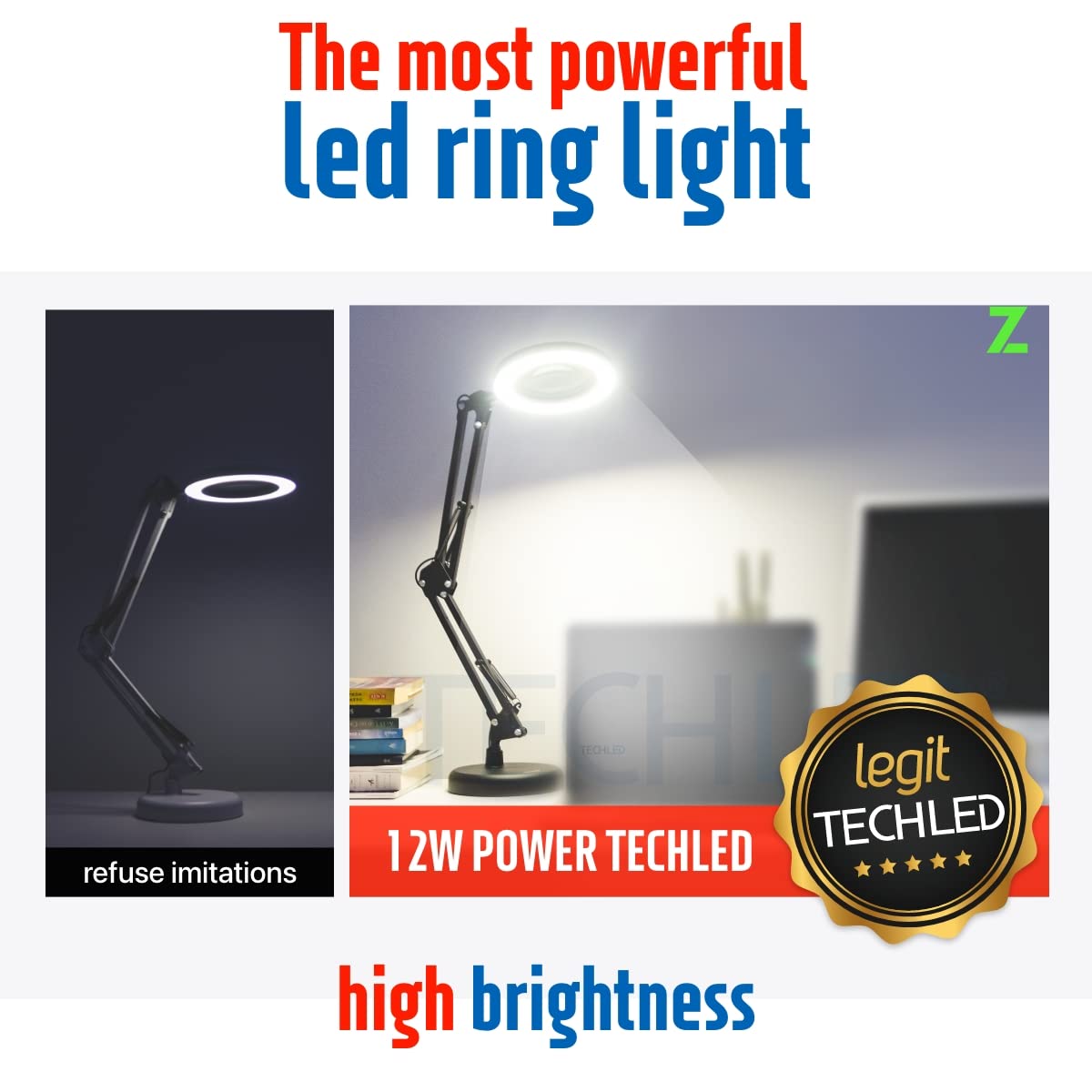 TECHLED Magnifying Glass with Light and Stand, Desk Ring Light, 3 Color Modes Stepless Dimmable, Desk Lamp, Clamp Light, Office Desk Lamp for Close Work, Repair, Reading, 12w, Adjustable Desk Lamp