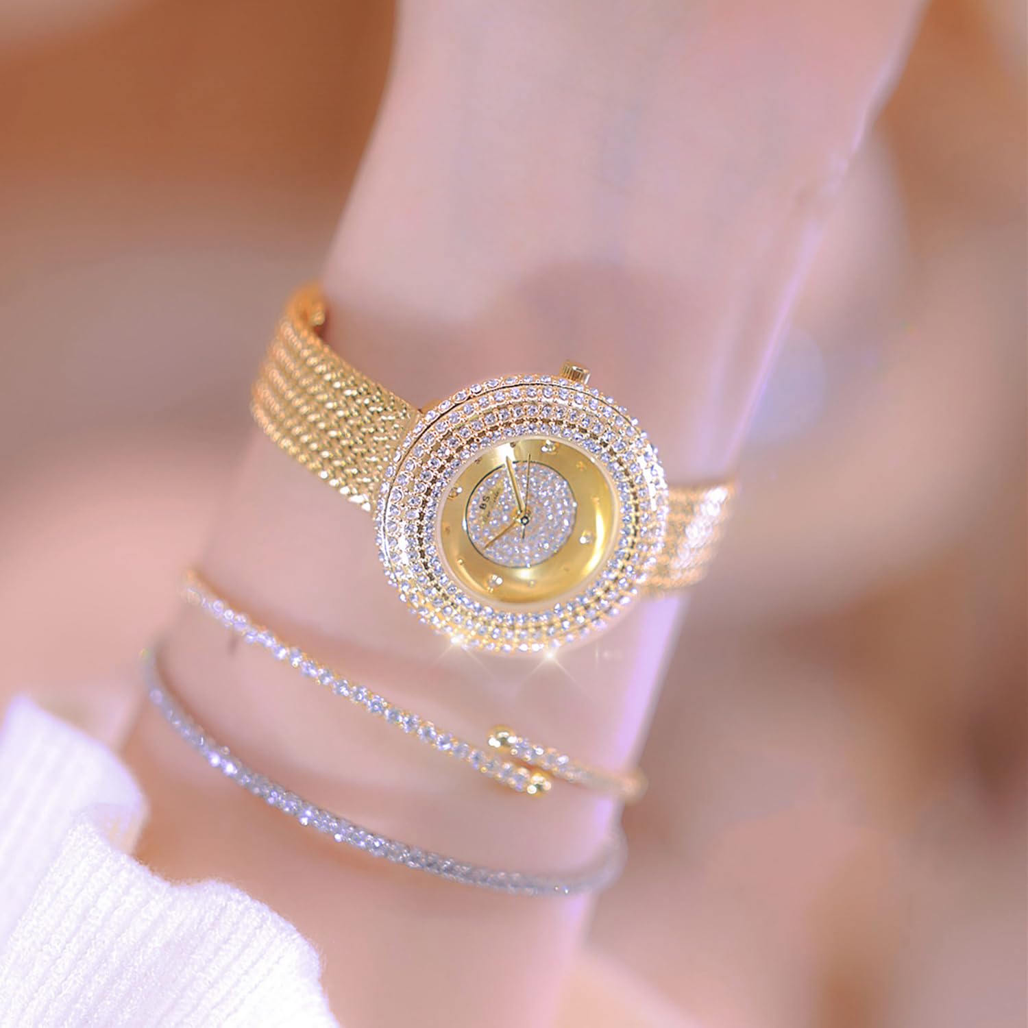 BESTKANG Luxury Womens Watch Round Bling Bling Crystal Rhinestone Diamond Fashion Jewelry Ladies Watch Analog Quartz Waterproof Female Watches for Women (Gold White)