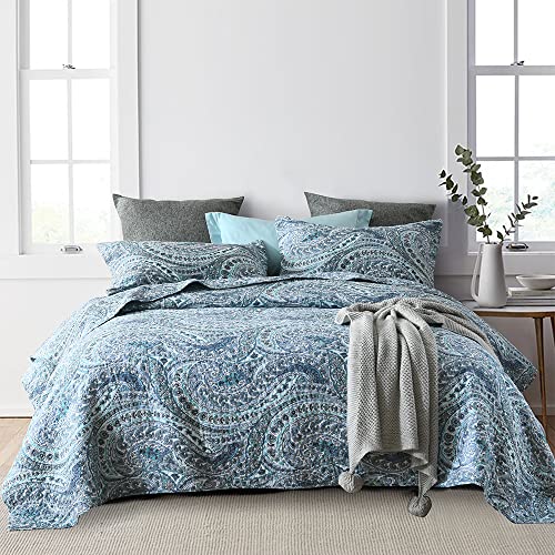 ENASAL Cotton Bedspread Quilt Sets, Reversible Bedding Coverlet Sets Comforter, Floral Paisley Bedspread (Blue, Queen Size)