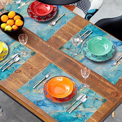 Blue Teal Turquoise Gold Placemats Set of 4,Blue Marble Dining Mat, Rectangle Linen 12 x 18in Non Slip Place Mat for Kitchen Dining Party Decoration