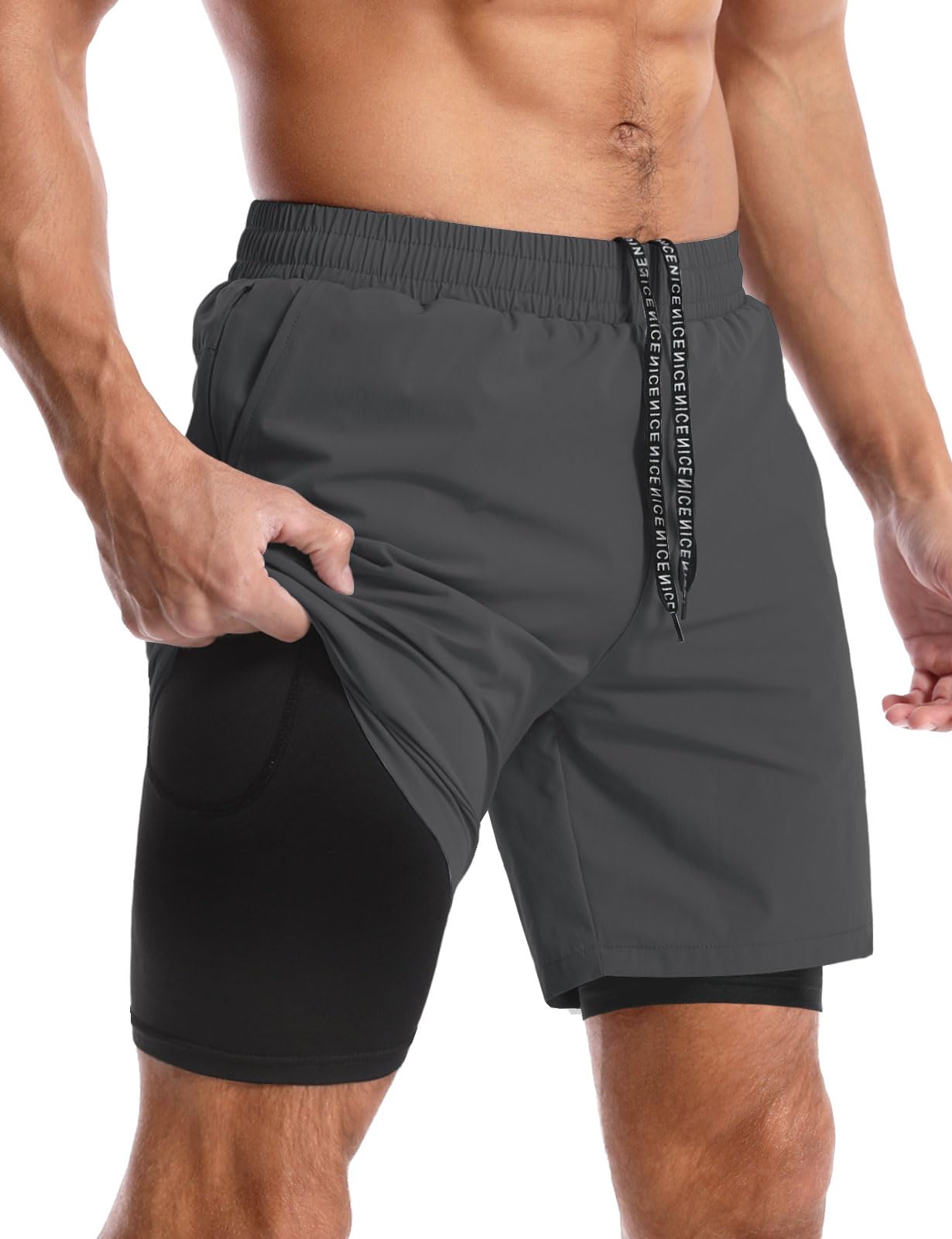 Aolesy Men’s 2 in 1 Running Shorts 7 Inch Quick Dry Workout Gym Shorts with Pockets Tennis Training Athletic Shorts with Liner for Men Dark Grey