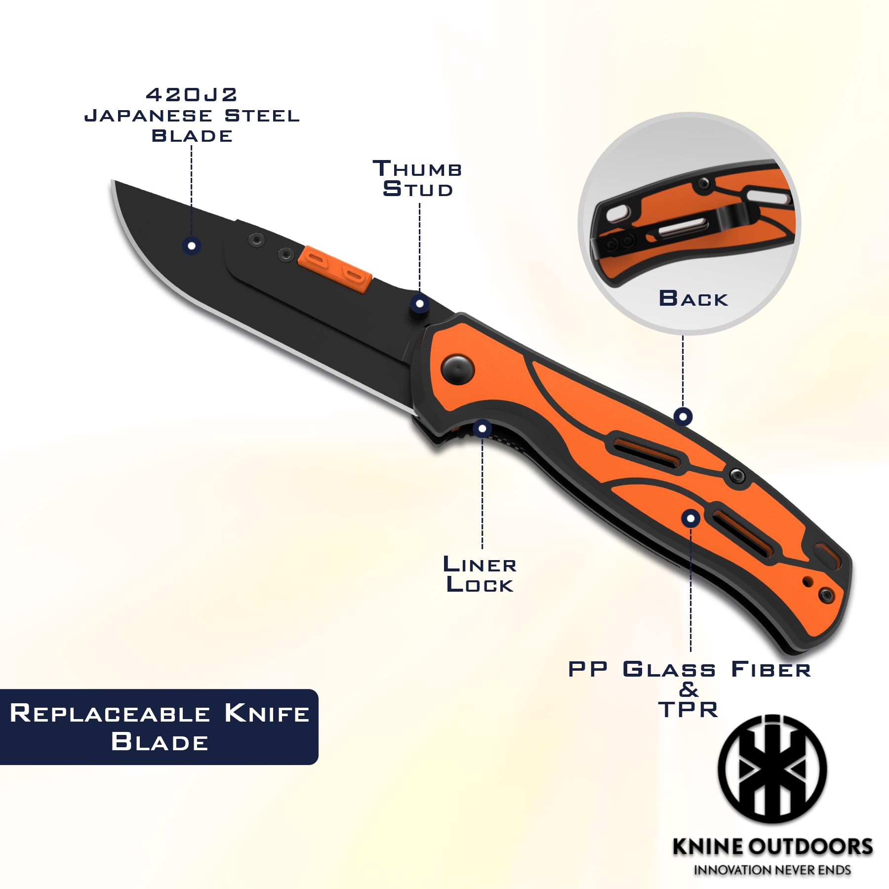 KNINE OUTDOORS Hunting Pocket Knife With Replaceable Blades and Clip, Skinning for Deer Hunting, EDC With 9 Blades (Orange)