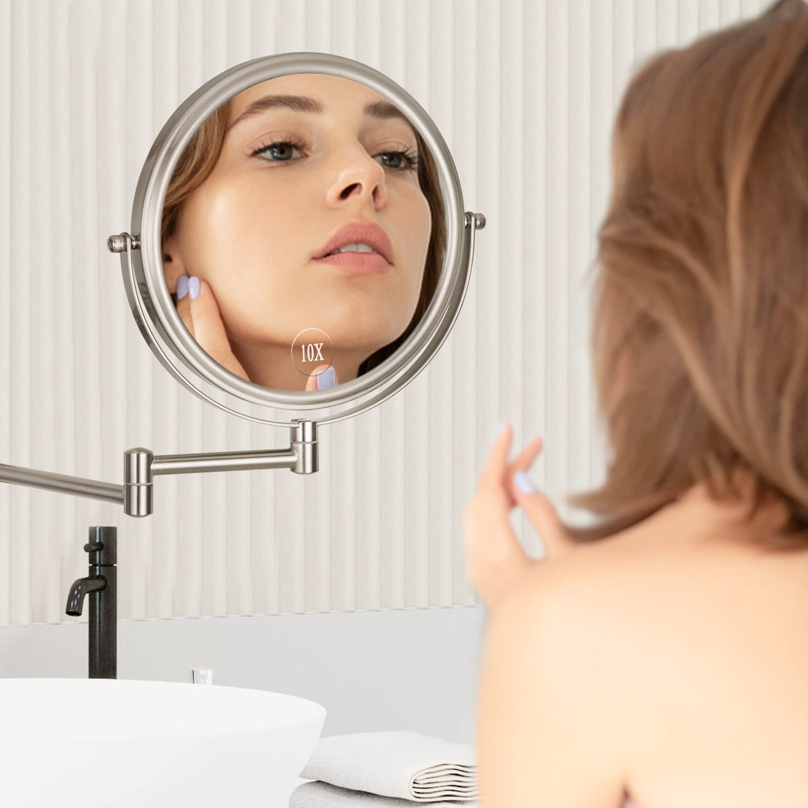 Wall Mounted Makeup Mirror - 10x Magnification 8'' Two-Sided Swivel Extendable Bathroom Mirror Nickel Finish