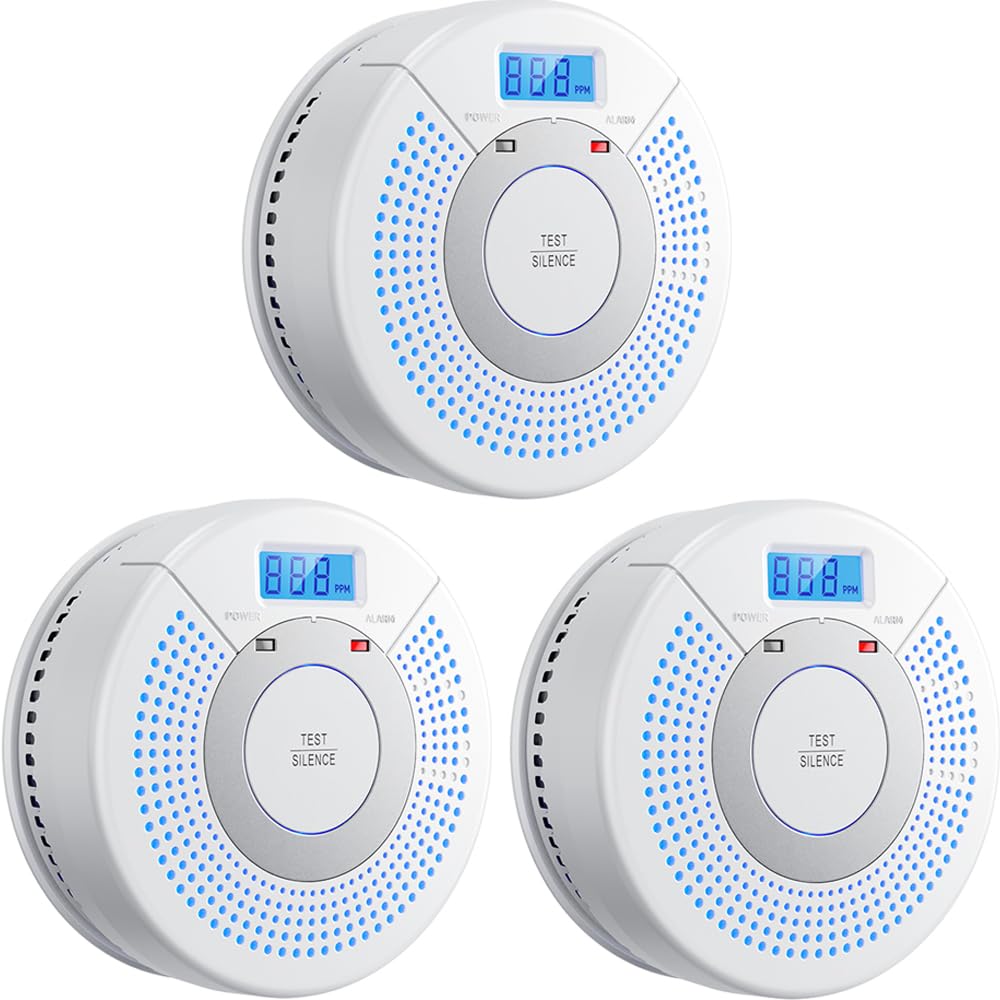 Linsoal 3 Pack Combination Photoelectric Smoke Alarm and Carbon Monoxide Detector Battery Operated with Digital Display (White)