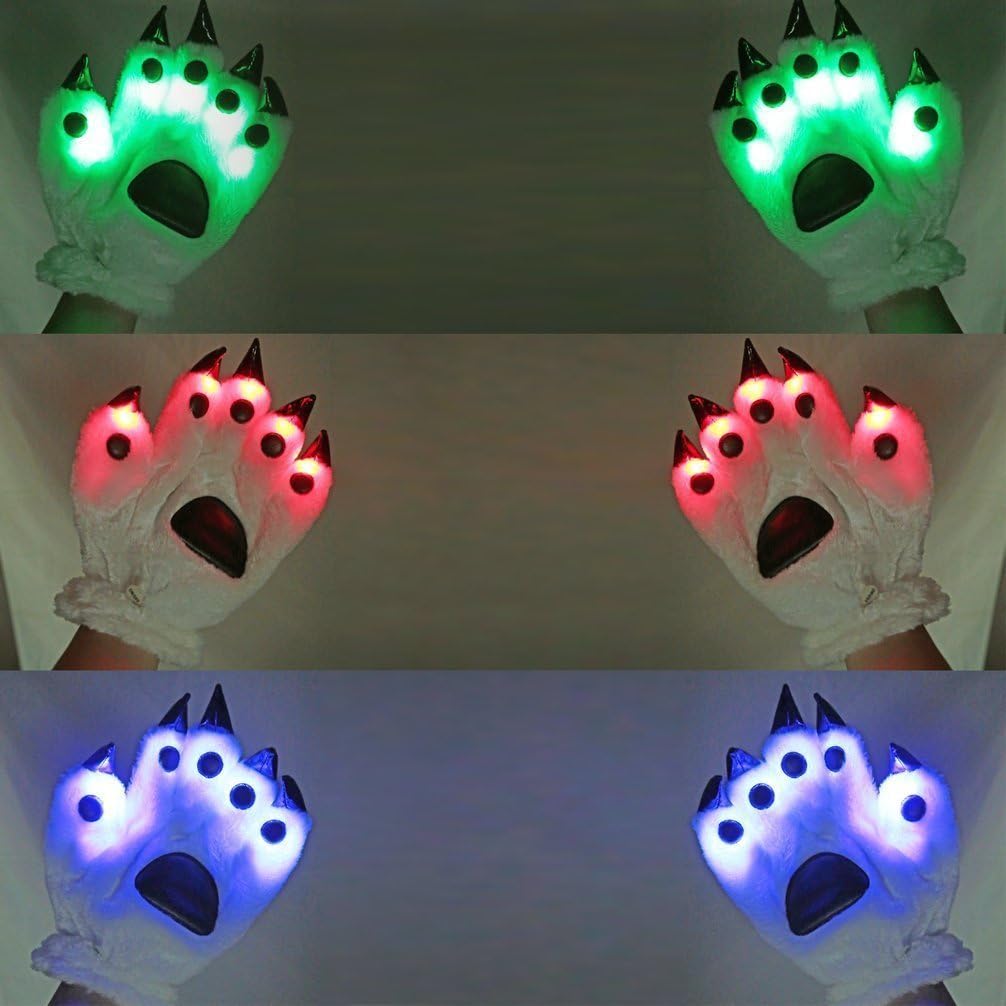 Luwint LED Colorful Finger Flashing Bear Paw - Cool Light Up Glow Gloves for Party Rave Show Halloween Costume (Small/Medium)