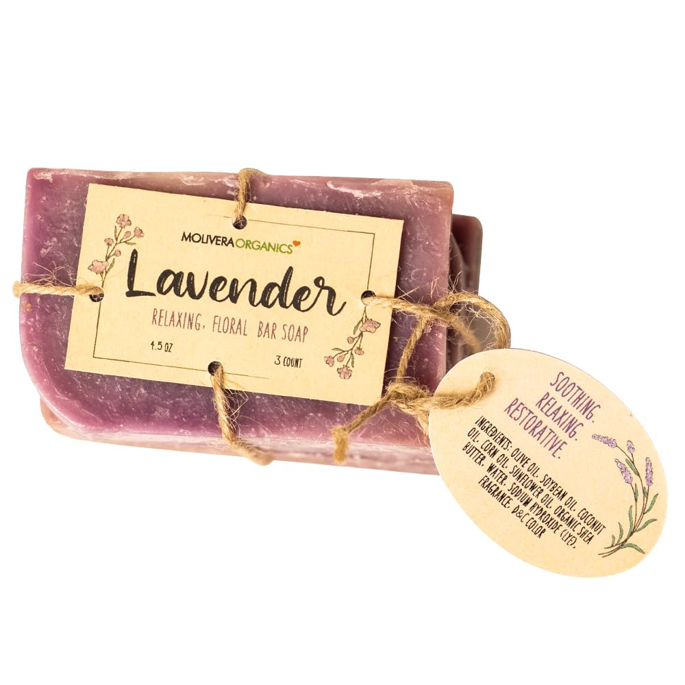 Molivera Organics Handmade Lavender Soap (3 Count) - Soothing Face and body cleansing and moisturizing. Safe for all skin types.