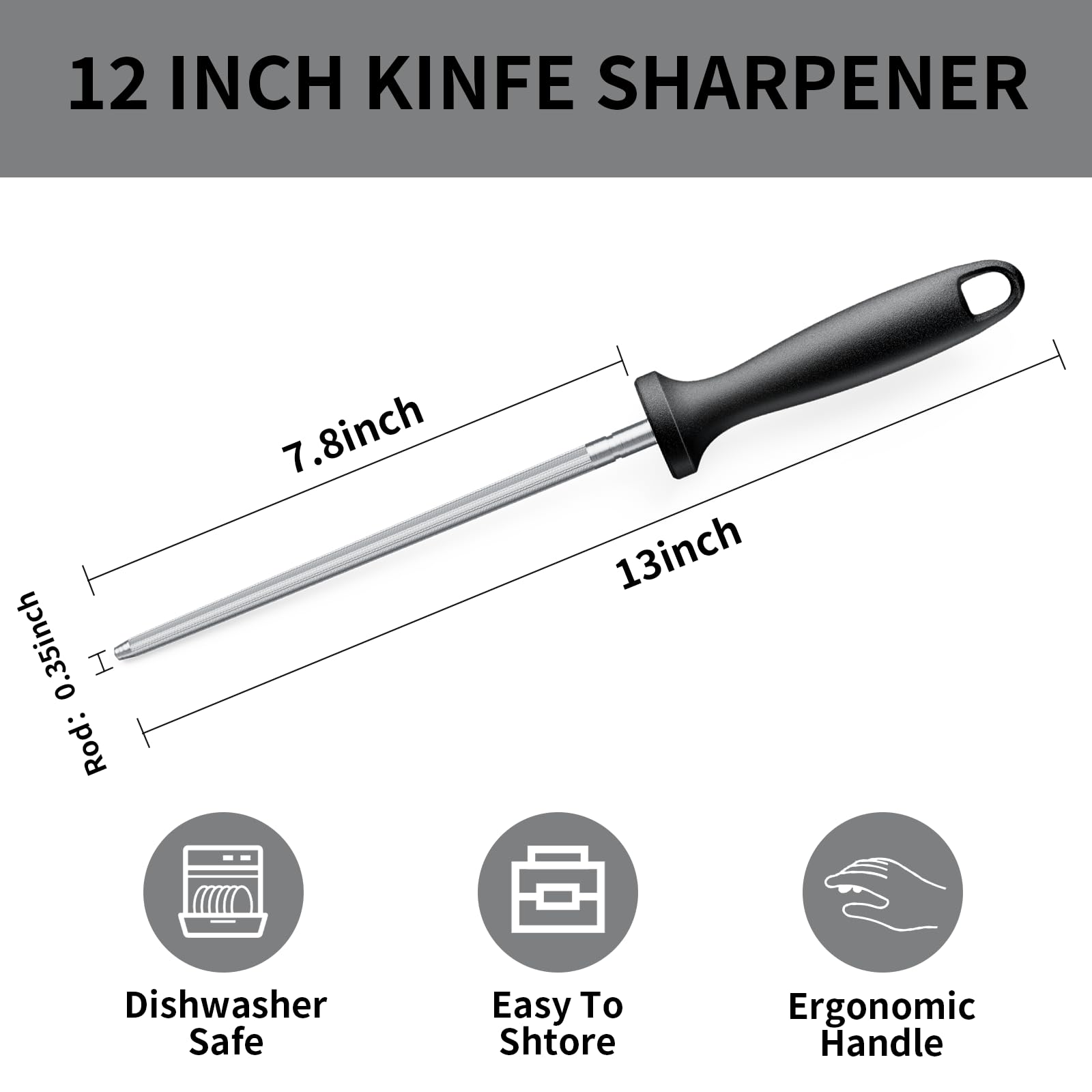 Knife Sharpener Rod, Kitchen Knives Sharpener Carbon Steel Professional Knife Sharpening Steel, Honing Rod with Hanging Holes (13 inches)