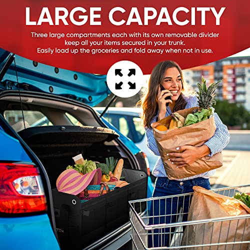 FORTEM SUV Trunk Organizer, Car Organizer, Collapsible Multi-Compartment Storage Bag for Car Accessories for Women Men, Non Slip Bottom, Adjustable Straps, Soft Cover 90L (Extra Large, Black)