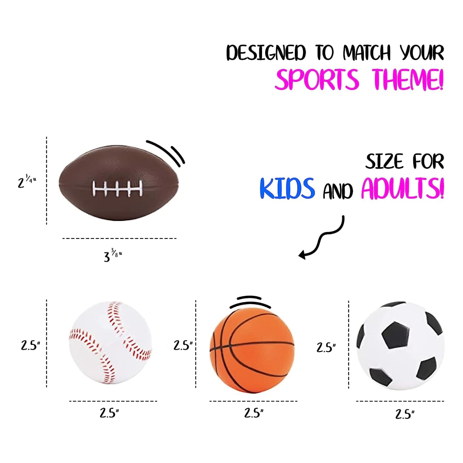 Set of 24 Sports 2.5" Stress Balls - Includes Soccer Ball, Basketball, Football, Baseball Squeeze Balls for Stress Relief, Party Favors, Ball Games and Prizes, Stocking Stuffers - Bulk 2 Dozen Balls