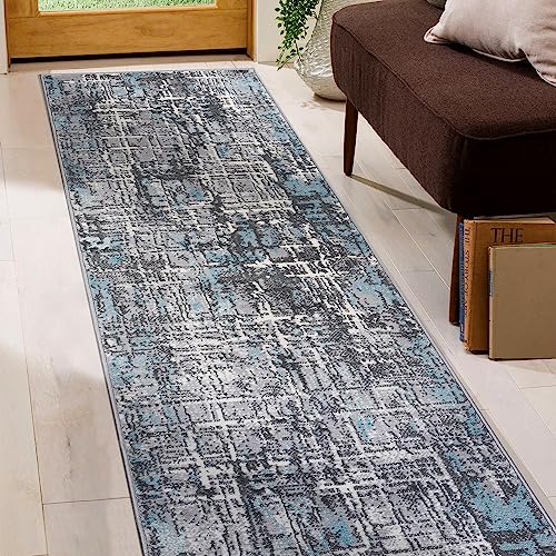 Rugshop Distressed Abstract Stain Resistant Soft Runner Rug 2' x 7' Blue