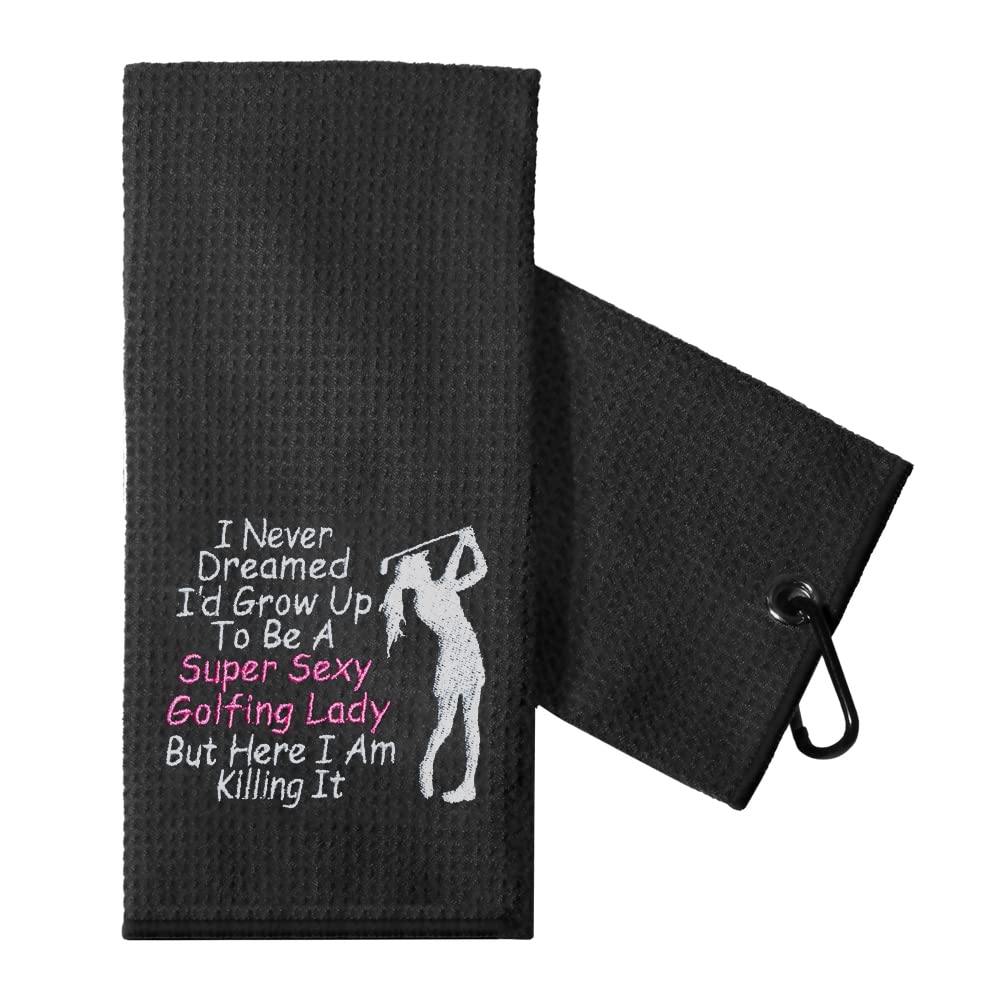 TOUNER Funny Golf Towel Gift for Sister, Retirement Gifts for Women Golfer, Funny Golf Towel for Women, Embroidered Golf Towels for Golf Bags with Clip (Super Sexy Golfing Lady)