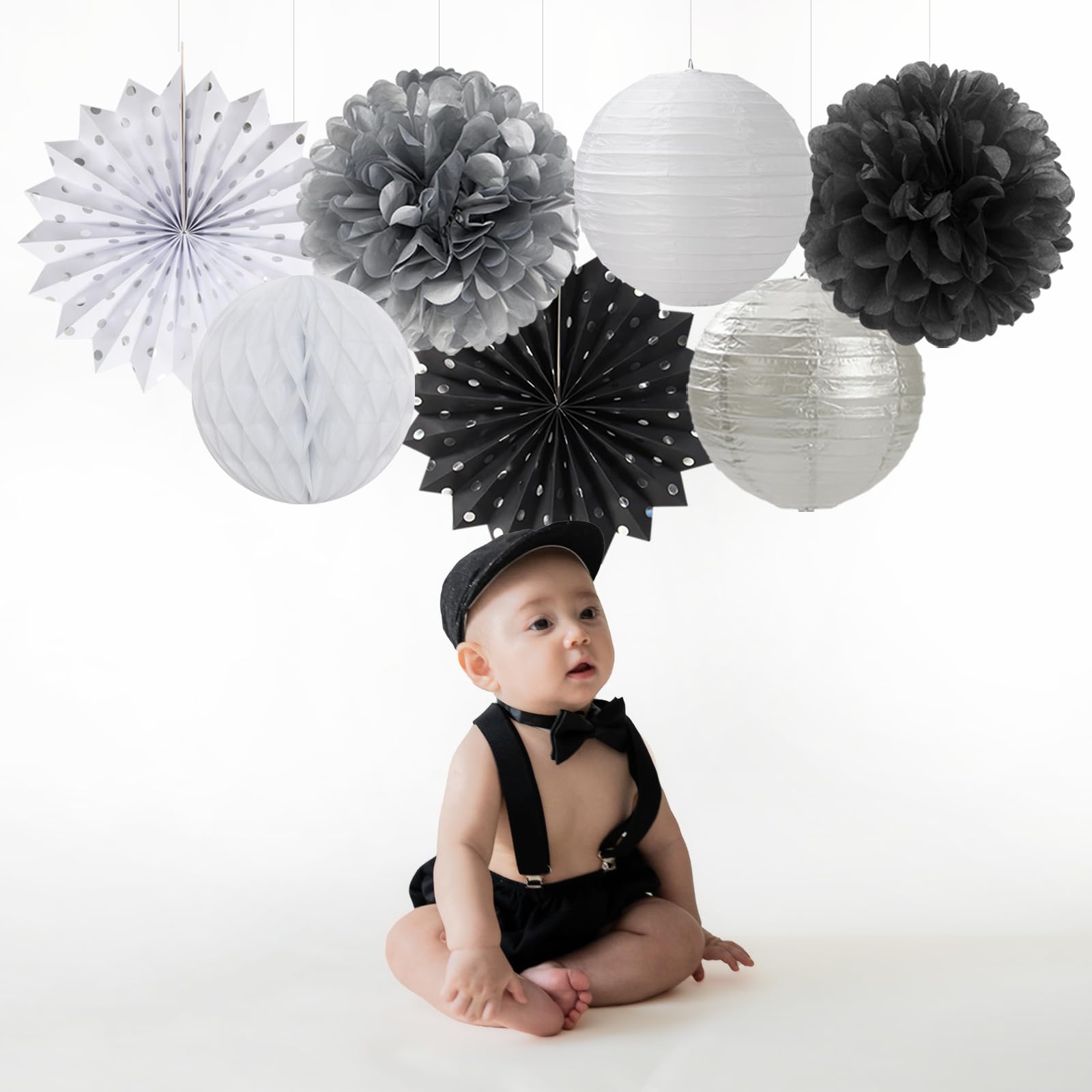 Black White Silver Party-Decorations Streamers-Lanterns - 14pc New Years Graduation 2024 Paper Fan, Bachelorette Birthday Wedding Baby Bridal Shower Tissue Pom Poms,Honeycomb Balls Decor Ouruola