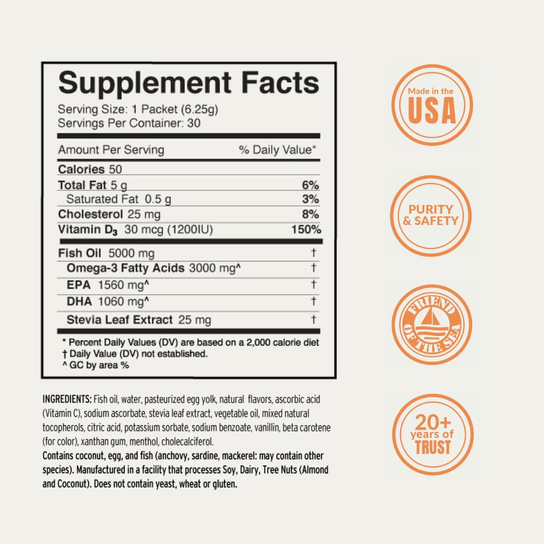 Coromega MAX Gold 3000mg Omega-3 Fish Oil + Vitamin D Squeeze Packets, Wild-Caught, No Fishy Taste - 3X Better Absorption Than Softgels, Supports Brain & Heart Health (30 Servings, Orange Flavor)