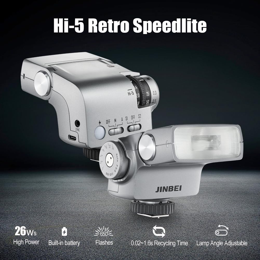 JINBEI Hi-5 Camera Retro Flashes GN16 Speedlite with S1/S2 Photo-Sensitive Modes, CCT 6000K±200K, Built-in for Sony Canon Nikon Fuji Olympus Hot Shoe Cameras