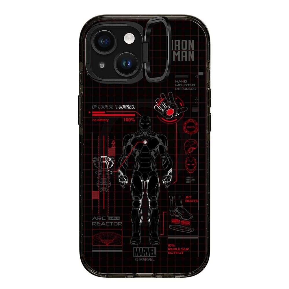 CASETiFY Impact Ring Stand iPhone 15 Case [Iron Man Co-Lab / 3X Military Grade Drop Tested / 6.6ft Drop Protection/Compatible with Magsafe] - Iron Man Blue Print Tech - Red - Clear Black