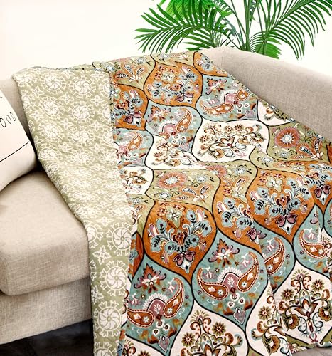 DaDalogy Bohemian Quilted Throw Blanket – Reversible Floral Paisley, Soft for Couch & Bed Throw/Lap Throw– Salmon, Blue, Pink – 50x60 inches