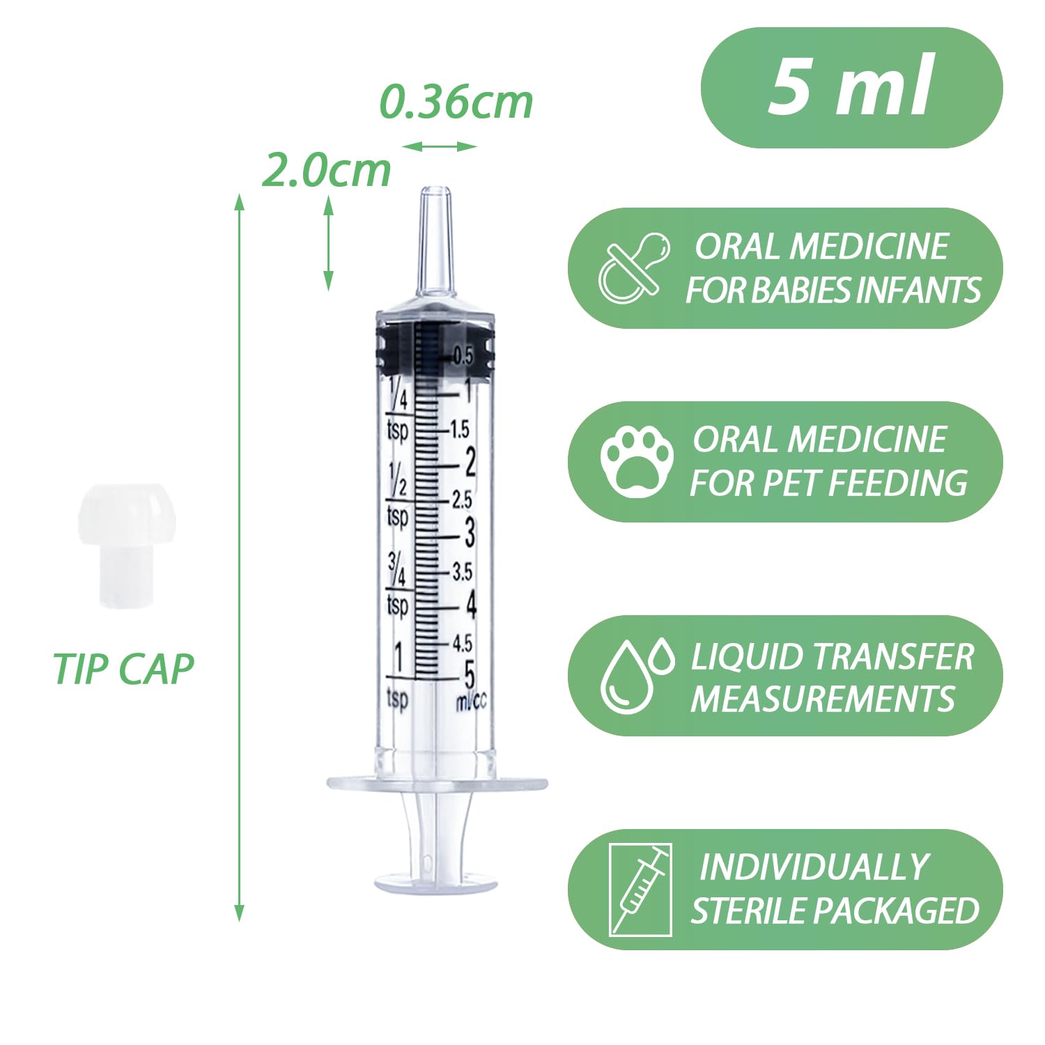 5mL Syringe for Liquid, Food, Oral, Scientific Labs, Measurement, Dispensing, Press-In Adapter, Craft, Big Tip with Cap- 3 Pack 5ml Syringes with tsp & mL Measurement