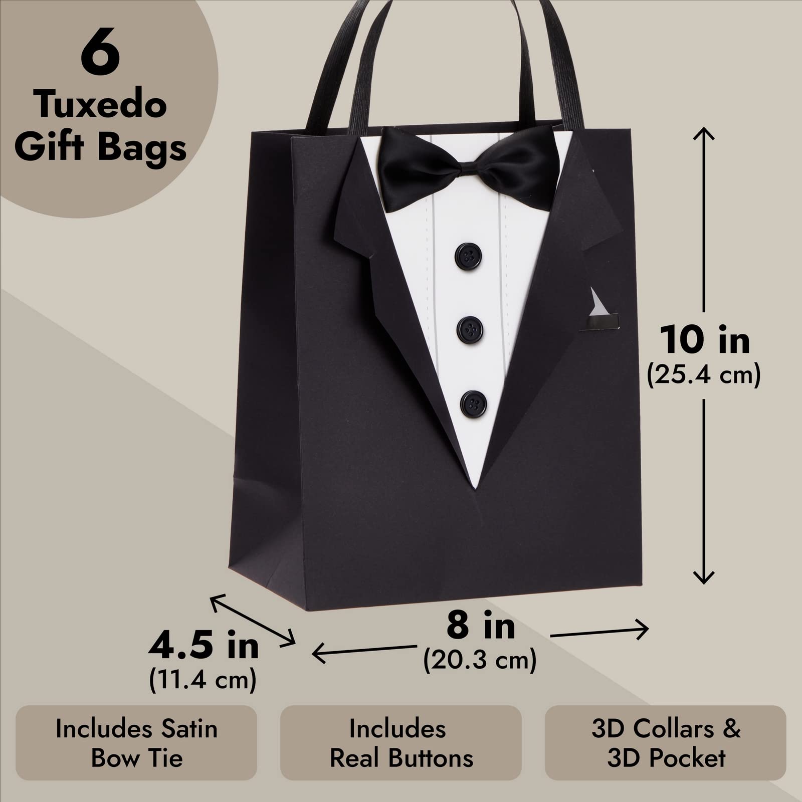 6 Pack Gift Bags with 3D Tuxedo Design, Satin Bow Tie, Real Buttons for Wedding Groomsmen Gifts for Bachelor Birthday, Bachelor Party Gift Favors Celebration (Black, 8 x 4.5 x 10 Inches)