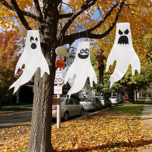 JOYIN 3 Pcs Ghost Windsocks Halloween Decorations Outdoor Decor, White Hanging Windsock Haunted House Front Porch Tree Party Supplies Garden Yard Lawn Patio