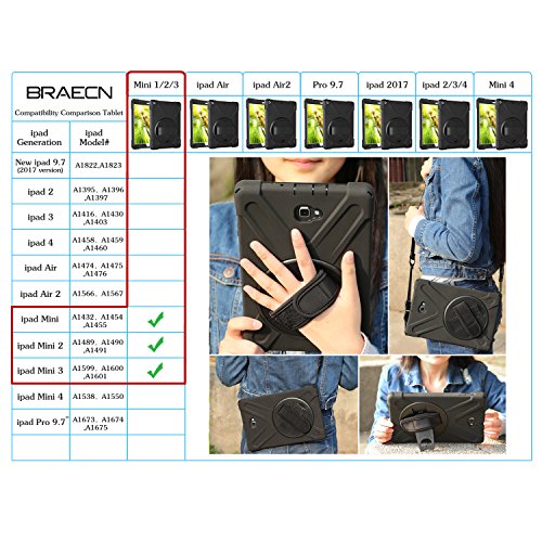 BRAECN iPad Mini 3/ Mini 2 Case] Full Body [Shock Proof for Kids Case] -360 Degrees Swivel Stand and Hand Grip Strap/a Shoulder Strap for Kids Black