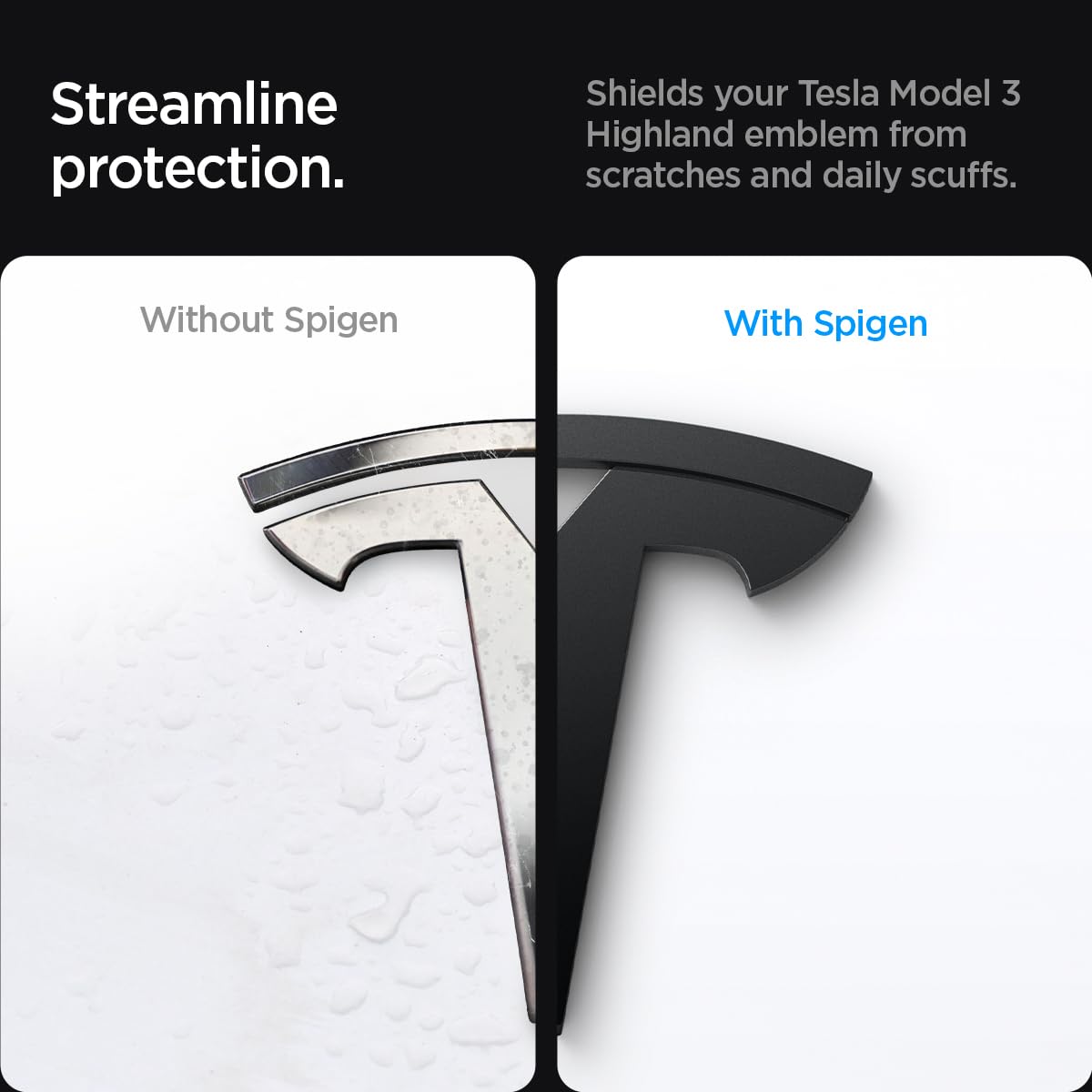 Spigen Front Emblem Logo Full Cover Sticker for Tesla Model 3 Highland (Standard, Premium & Performance 2026/2025/2024) - Black