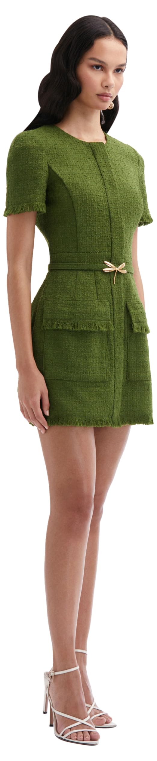 Oscar de la Renta, Dragonfly Belt Tweed Dress, Fern, 12